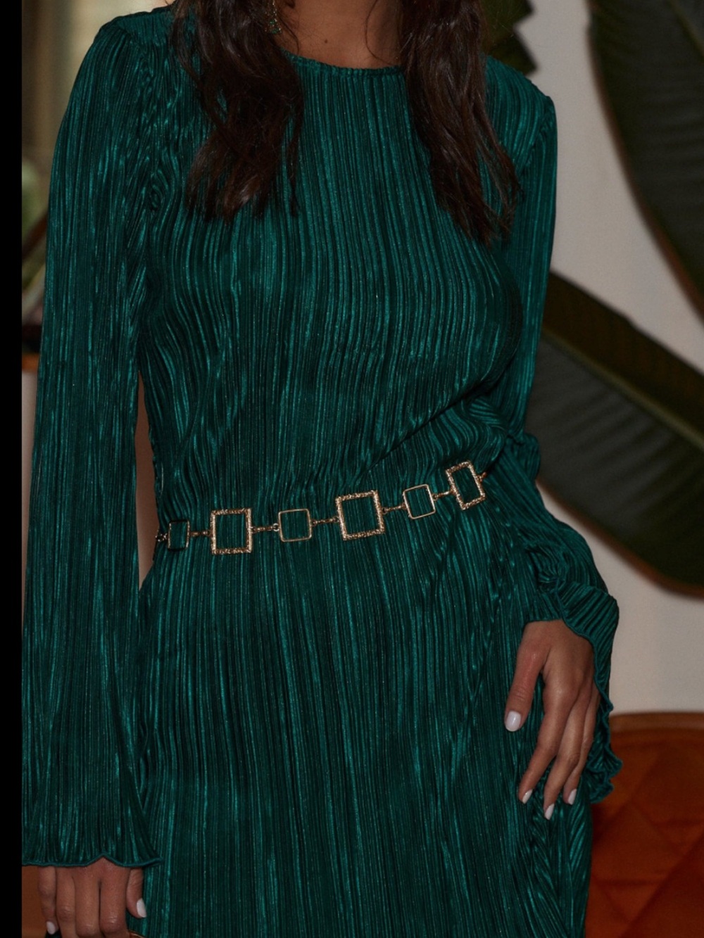 12th Tribe Emerald Green Pleated Long-Sleeve Dress